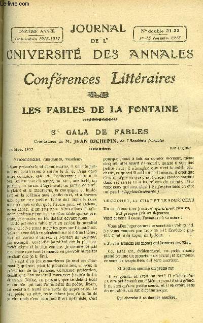 JOURNAL DE L'UNIVERSITE DES ANNALES 11e ANNEE SCOLAIRE N21-22 - Sommaire : Les Fables de La Fontaine 3e Gala de Fables .... Confrence par 