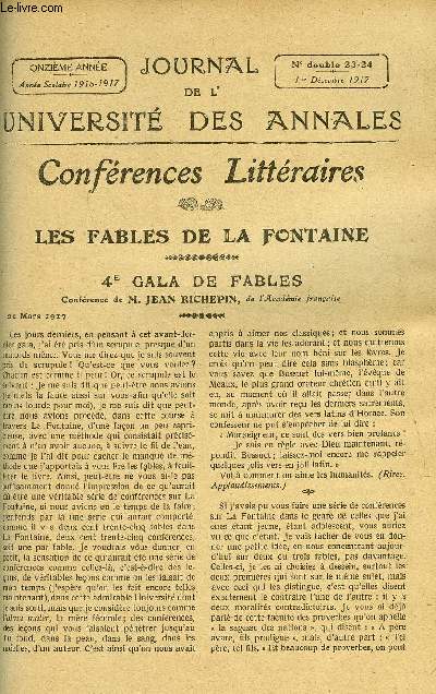 JOURNAL DE L'UNIVERSITE DES ANNALES 11e ANNEE SCOLAIRE N23-24 - Sommaire : Les Fables de La Fontaine 4e Gala de Fables.. . . . Conirence par 