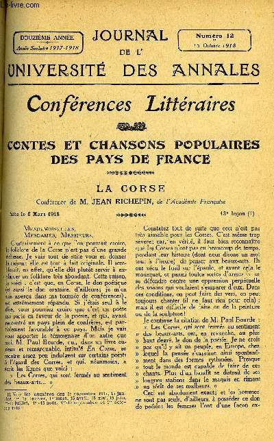 JOURNAL DE L'UNIVERSITE DES ANNALES 12e ANNEE SCOLAIRE N21 - Sommaire : Contes et chansons de CorseConfrence par 