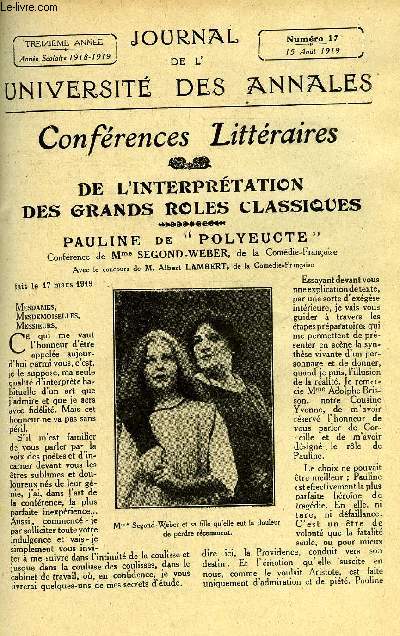 JOURNAL DE L'UNIVERSITE DES ANNALES 13e ANNEE SCOLAIRE N17 - Sommaire : De l'Interprtatio des Grands Rles Classiques : Pauline, de 