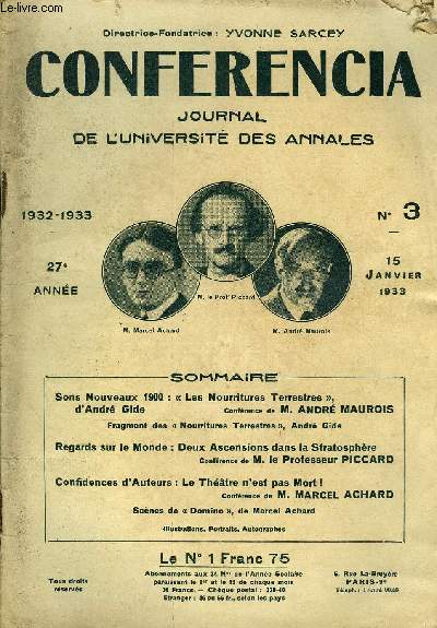 CONFERENCIA 27e ANNEE N3 - Sons Nouveaux 1900 :  Les Nourritures Terrestres ,d'Andr GideConfrencede M. ANDR MAUROISFragment des Nourritures Terrestres, Andr GideRegards sur le Monde : Deux Ascensions dans la Stratosphre