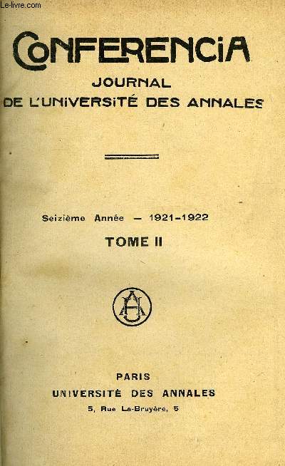 CONFERENCIA JOURNAL DE L'UNIVERSITE DES ANNALES - SERIE DE 3 VOLUMES DE 1922 A 1925