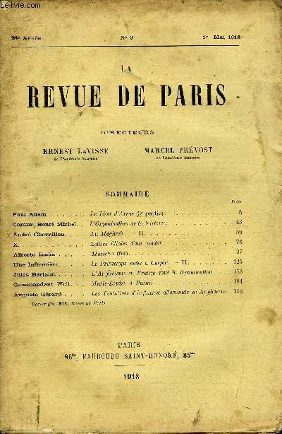 REVUE DE PARIS 25e ANNEE N9 - Paul Adam Gommt. Henri Michel. . Andr Ghevrillon. .Alberto Insa .Une Infirmire.Jules Bertaut. . Commandant Weil. Auguste Grard . .Le Lion d'Arras (3e partie).L'Organisation de la Victoire. .