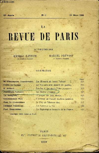 REVUE DE PARIS 26e ANNEE N6 - M. Clemenceau Jacquemaire. Guido da Verona. . .A. Aulard. Dominique Sylvaire .Un sculpteur