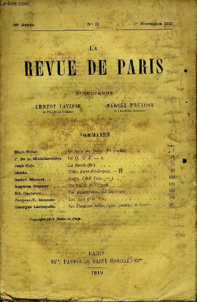 REVUE DE PARIS 26e ANNEE N21 - Marc Elder.P. de la Blanchardire. Jane Cals.Brada. .Andr Maurel. . Auguste Dupouy Ed. Garteron. . Jacques-. Blanche. Georges Lachapelle.Le Sang des Dieux (lre partie).La D. C. A. - I.La Ronde (fin).