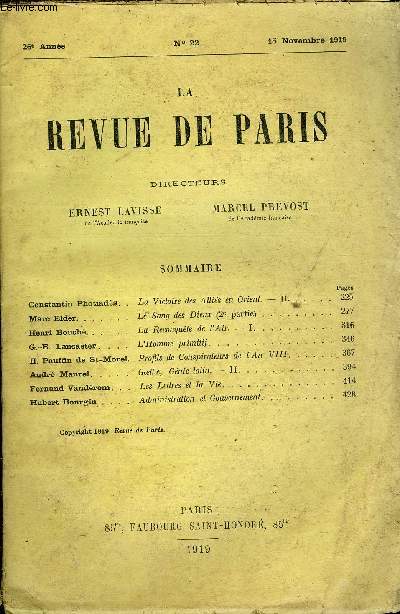 REVUE DE PARIS 26e ANNEE N22 - Constantin Photiads r . Marc Elder. .Henri Bouch.G.-B.Lancaster .H.Pauffin de St-Morel. Andr Maurel.Fernand Vandrem Hubert B our gin . .La Victoire des Allis en Orient. - II. Le Sang des Dieux