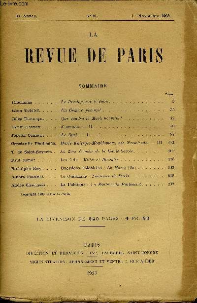 REVUE DE PARIS 30e ANNEE N°21 - Rhenanus .Léon Tolstoï.Jules Decamps. . Henri... - Photo 1/1