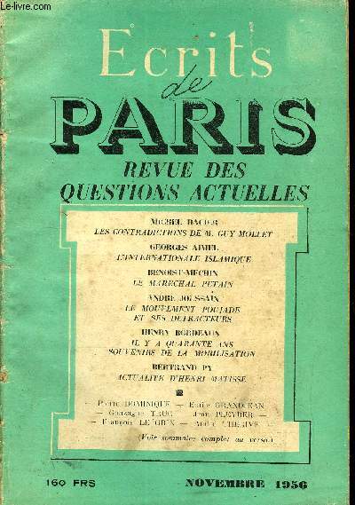 ECRITS DE PARIS - REVUE DES QUESTIONS ACTUELLES N143 - MICHEL DAGIER : La contradiction de M. Guy Mollet. GEORGES ALMEL : L'internationale islamique ..RENOIST - MEGHIN : Le Marchal l'tain ..,.ANDRE JOUSSAIN :
