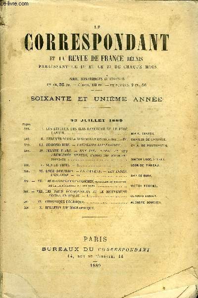 LE CORRESPONDANT TOME 120 N 644 - I.LES LPREUX DES ILES SANDWICH ET LE PREDMIEN. .A.CRAVEN.II.BERRYER SOUS LA RESTAURATION (1816-183).-IV. CHARLES DE LACOMBE.III.EDMOND BIR. - CAUSERIESLITTRAIRES.et A. DE PONTMARTIN.