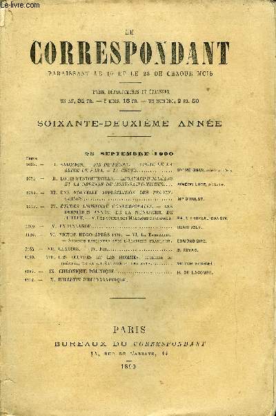 LE CORRESPONDANT TOME 124 N 672 - I.SALOMON. - FIN DE RGNE. - VISITE DE LAREINE DE SABA. - LA CHUTE. Msr MEIGNAN, archevque de Tours.II.LOUIS D'ESTOUTEVILLE. - LE BATARD D'ORLANSET LA DFENSE DU MONT-SAINT-MICHEL. SIMON LUCE