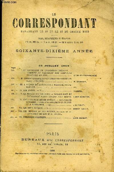 LE CORRESPONDANT TOME 156 N 860 - I.LE CEXTENIRE DE L'EXPDITION D'GYPTE. - I.COMMENT SE PRPARAIT UNE CAMPAGNECOLONIALE EN 1798. Cte DE VILLEBOIS-MAREUillII.CORRESPONDANCE DUNE FAMILLE FRANCO-IRLANDAISE (1780-1833).. M. DRONSART.