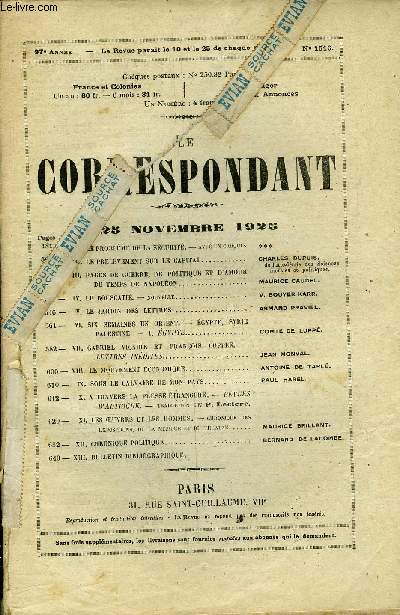 LE CORRESPONDANT TOME 265 N 1516 - IV. LE BOUSCATI. - nouvelle. V. bouyer-karr.V.LE JARDIN DES LETTRES.. ARMAND PRAVIEL.VI.SIX SEMAINES EN ORIENT. - EGYPTE, SYRIEPALESTINE. - I. EGYPTE.. comte de lupp.VII.GABRIEL VICAIRE ET FRANOIS