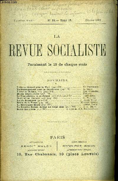 LA REVUE SOCIALISTE TOME 15 N 86 - Lutte ou Accord pour la Vie?, Un ProfesseurDu Gouvernement dans la Dmocratie. A. DelonL'Ame de Demain, suite. Eug. FournireMorale Rpublicaine. TrubleauLa Dpopulation de la France, suite et fin.