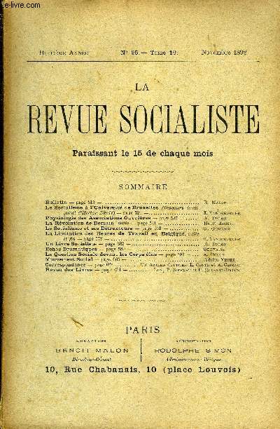 LA REVUE SOCIALISTE TOME 16 N 95 - Bulletin. B. MalonLe Socialisme  l'Universit de Bruxelles (Discours inaugural d'Hector Denis). E. VanderveldePhysiologie des Associations Ouvrires. A. DelonLa Rvolution de Demain, suite. Henri Aimel