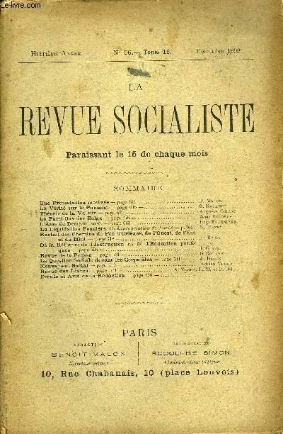 LA REVUE SOCIALISTE TOME 16 N 96 - Une Protestation motive. B. MalonLa Vrit sur le Panama. G. RouanetThorie de la Valeur. Auguste ChiracLe Parti Ouvrier Belge. Jean VoldersL'me de Demain, suite. Eug. Fournire