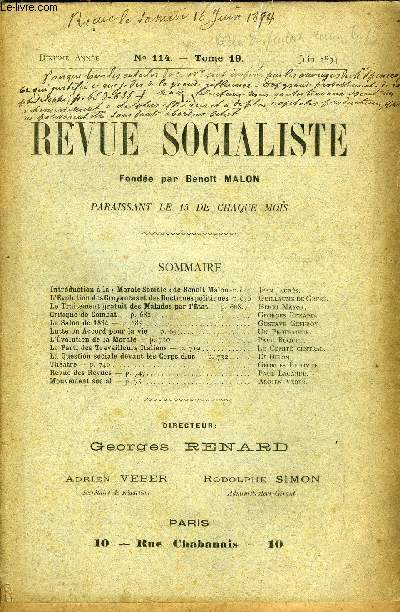 LA REVUE SOCIALISTE TOME 19 N 114 - Introduction  la  Morale Sociale  de BenotMalon- Jean Jaurs.L'volution des Croyances et des Doctrines politiques- Guillaume de Greef. Le Traitement gratuit des Malades par l'tat- Henri Mayor.