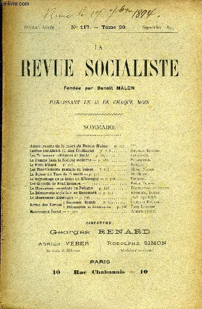 LA REVUE SOCIALISTE TOME 20 N 117 - Anniversaire de la mort de Benot Malon - ***.Lettres socialistes (I. Aux tudiants) - Georges Renard.Les Tribunaux militaires en Sicile - Colajanni.La Femme dans la Socit moderne - Pelloutier.