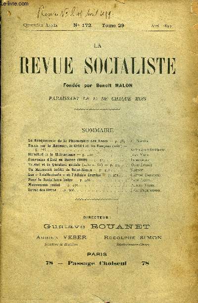 LA REVUE SOCIALISTE TOME 29 N 172 - La Banqueroute de la Philosophie des Races - C. Bougle.Essais sur la Monnaie, le Crdit et les Banques (suite) - Guillaume De Greef.Stendhal et le Militarisme - Jean Mlia.Souvenirs d'Exil en Suisse