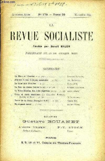 LA REVUE SOCIALISTE TOME 30 N 179 - La Muse et l'Ouvrier - Maurice Bochor.Rponse  mes Critiques socialistes - Ed. Bernstein.La Crise Sud-Africaine - Paul Louis.Le Rve de Pierre Davant (suite) - Eugne Fournire.La Naturalisation