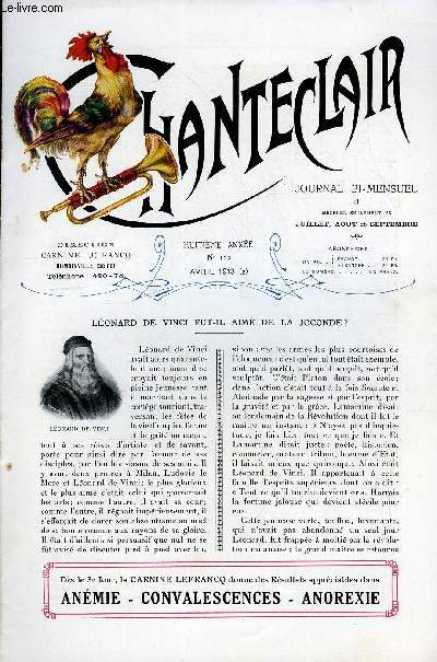 CHANTECLAIR N 122 - LEONARD DE VINCI FUT-IL AIME DE LA JOCONDE ? PAR ARSENE HOUSSAYE, SOUVENIRS D'ENFANCE PAR GEORGE SAND, LE PROFESSEUR PI Y SUNER DE BARCELONE, LES PAPILLONS PAR JEAN RAMEAU, L'ORIGINE DES NOMS