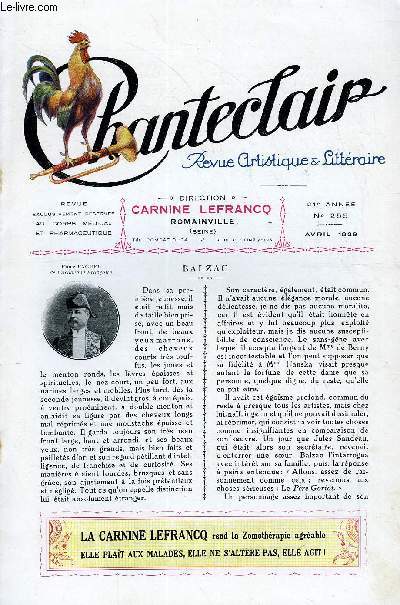 CHANTECLAIR N 255 - BALZAC PAR EMILE FAGUET, LE CHANT DES OISEAUX PAR GERARD D'HOUVILLE, LE DOCTEUR LEON BINET, STANCES PAR VICTOR HUGO