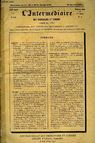 L'INTERMEDIAIRE DES CHERCHEURS ET CURIEUX N 570 - Questions. - Sur un proverbe cit par Molire. - Au contraire.- Un axiome bibliographique. - Quel est le sens du mot : quipage? - Citation  dterminer.