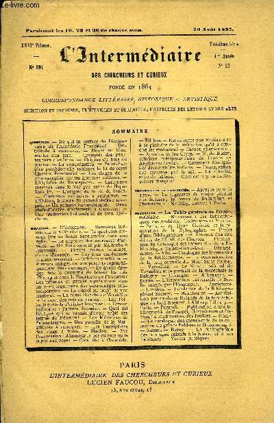 L'INTERMEDIAIRE DES CHERCHEURS ET CURIEUX N 591 - questions. - De qui la prface du Dictionnaire de l'Acadmie Franaise? - Uns ballade  retrouver. - Mener au bloc, mettre aux fers. - Cruauts des pnitenciers d'enfants. - Origine du bois de justice. -