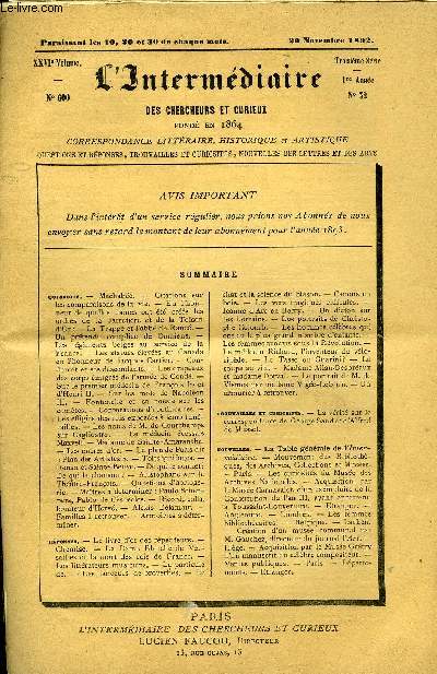 L'INTERMEDIAIRE DES CHERCHEURS ET CURIEUX N 600 - questions. - Machabe. - Citations sur les comparaisons de la vie. - En l'honneur de quelles dames ont t crs les ordres de la Jarretire et de la Toison d'Or  - La Trappe et l'abb de Ranc.