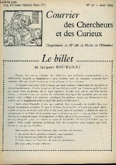 COURRIER DES CHERCHEURS ET DES CURIEUX N 56 - Sur les dus de Bourbon aprs la mort du conntable, sur les prtres anticoncordataires  travers les dpartements, sur le chateau de la Bove, sur le parlement de Bretagne