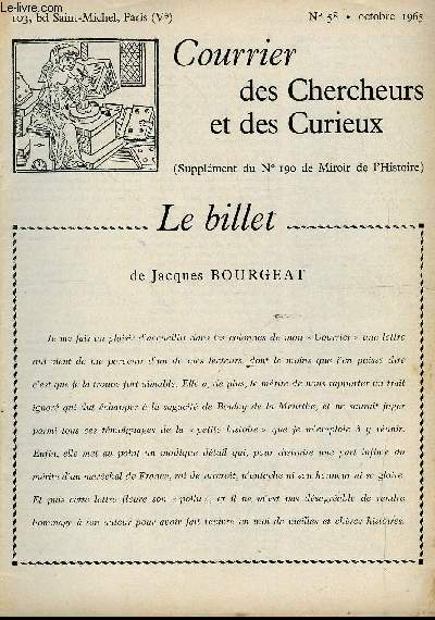 COURRIER DES CHERCHEURS ET DES CURIEUX N 58 - Sur un jeune lve de Curgis qui serait descendant de Charlemagne, sur le gnral d'Empire Ravier, sur un inventaire des peintures de Bruandet et d'Angelica Kauffman, sur les Bombled de Picquiny
