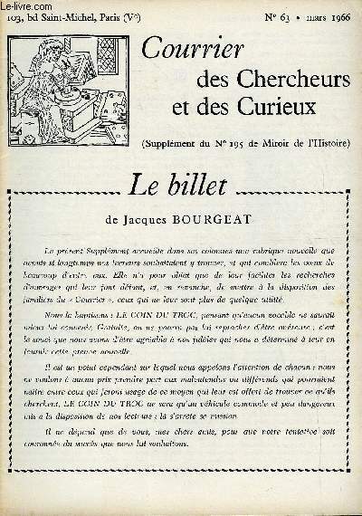 COURRIER DES CHERCHEURS ET DES CURIEUX N 63 - Sur la filitation des ducs de la Trmoille, sur la descendance lgitime des Roumanof, sur la dvolution des quatres couronnes, saint patrons de tous ceux qui travaillent la pierre, sur la ville de Lescar