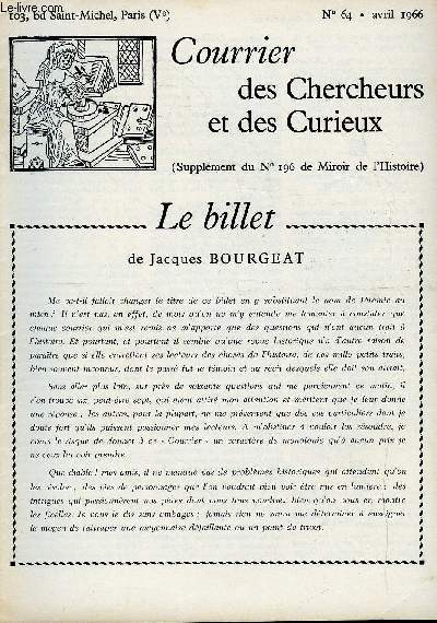 COURRIER DES CHERCHEURS ET DES CURIEUX N 64 - Sur Pozzo di Borgo, sur Thrse-Caroline Augereau, sur une famille Bompart qui serait devenue Bonaparte, sur la descendance de la famille de Rohan, sur les quatres Saints couronns