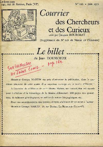 COURRIER DES CHERCHEURS ET DES CURIEUX N 126 - Sur l'aqueduc de Maintenon, sur l'inauguration du tramway lectrique de Bordeaux, sur Hippolyte Defly, sur Pierre de Beausse, sur les votes  l'unanimit, sur la procession des Croix noires, sur une phrase