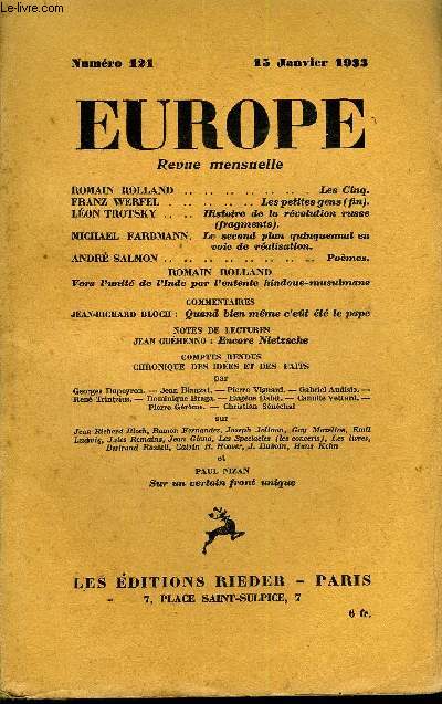 EUROPE REVUE MENSUELLE N 121 - ROMAIN ROLLAND. Les Cinq.FRANZ WERFEL. Les petites gens (fin).LON TROTSKY .. Histoire de la rvolution russe(fragments).M1CHAEL FARBMANN. Le second plan quinquennal envoie de ralisation.