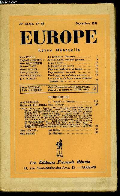 EUROPE REVUE MENSUELLE N 54 - La rvolution nationale par Yves Farge, Face au littoral espagnol par Raphal Alberti, Lettre a Esprit par Marc Beigbeder, Le colporteur par Howard Fast, Pour une politique de la langue par Marcel Cohen, L'apprentissage