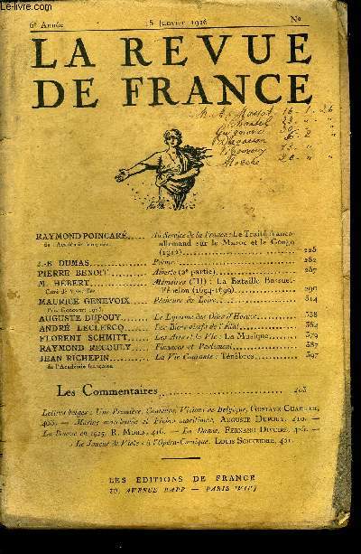 LA REVUE DE FRANCE 6e ANNEE N2 - RAYMOND POINCAR de l'Acadmie franaise. Au Service de la France : Le Trait franco-allemand sur le Maroc et le Congo(1912)...J.-B. DUMAS. PomesPIERRE BENOIT. Alberte (2e partie)..M. HBERT
