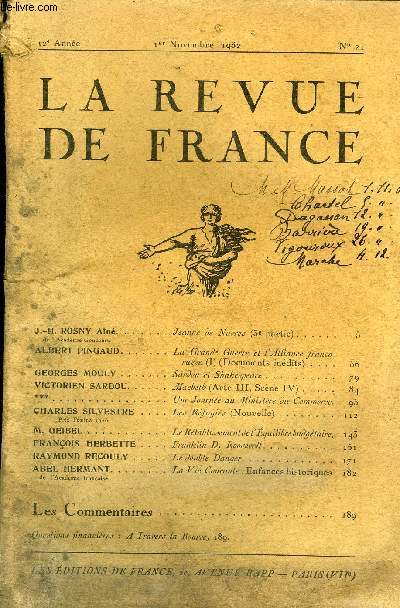 LA REVUE DE FRANCE 12e ANNEE N21 - J.-H. ROSNY An de l'Acadmie Concourt. Jeanne de Navres (3e partie). ALBERT PINQAUD. La Grande Guerre et l'Alliance franco-russe (I) (Documents indits) GEORGES MOULY. Srdou et Shakespeare. VICTORIEN