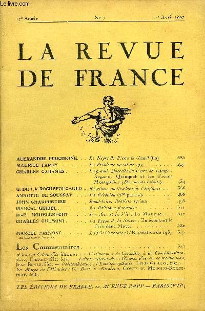 LA REVUE DE FRANCE 17e ANNEE N7 - ALEXANDRE POUCHKINE. Le Ngre de Pierre Le Grand (fin) . MAURICE TARDY. Le Problme naval de hjj7.CHARLES CABANES. La grande Querelle du Verre de Lampe:Argand, Quinquet et les Frres Montgolfier