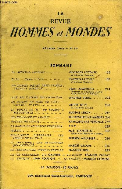 LA REVUE HOMMES ET MONDES N 19 - LE GNRAL LECLERC...GEORGES LECOMTE. . .de l'Acadmie Franaise.NADA - Roman - Suite. ORMEN LAFORET. Prix Nadal (Espagne).UN HOMME D'TAT BRITANNIQUE :STANLEY BALDI1N..JEAN LARMEROUX. .