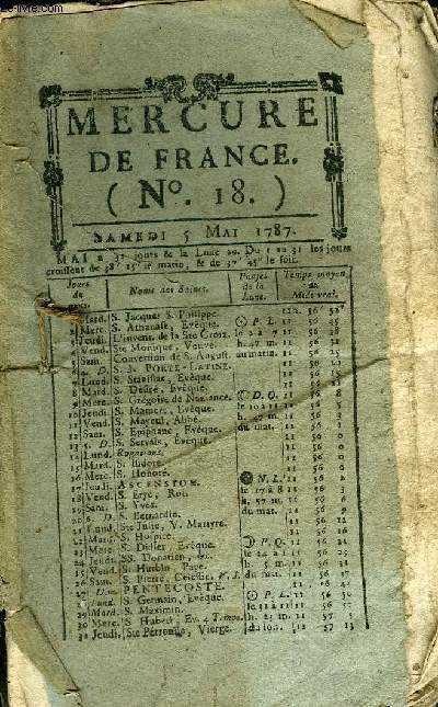 MERCURE DE FRANCE N18 - Quatrain sur la perte de M. de Vergennes, bouts rims, charade, nigmes et logogryphe, zoroastre, confucius et Mahomet, Sandfort et Merton, comdie italienne