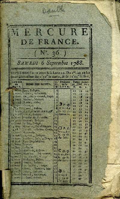 MERCURE DE FRANCE N36 - La Chatelaine de St-Gilles, romance, Le lieutenant Gascon, conte, Rflxions sur l'esclavage des Ngres, par M. Schwartz, pasteur du Saint Evangile  Bienne