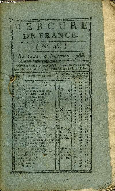 MERCURE DE FRANCE N45 - Inscription pour le petit Lvrier de Mme R... M... H..., Oeuvres morales de Plutarque, traduites en Franais par M. l'Abb Ricard de l'acadmie des Sciences & Belles-Lettres de Toulouse, Blancay, roman en II parties par M. Gorjy