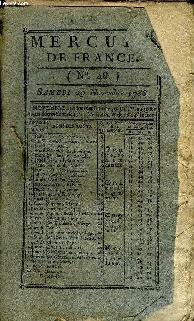 MERCURE DE FRANCE N48 - Les charmes de la solitude, traduit de l'anglais de M. Pope, voayge en Turquie et Egypte fait en l'anne 1784, le musum de Florence ou collection des pierres graves, statues, mdailles et peintures qui se trouvent  Florence