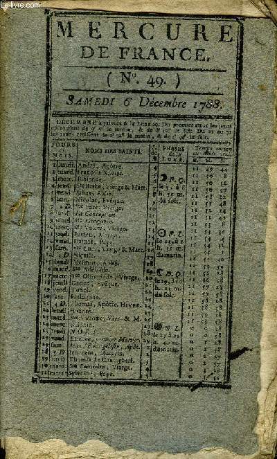 MERCURE DE FRANCE N49 - La poule et les deux coqs - fable, Moyse considr comme lgislateur et comme Moraliste, par M. de Pastoret, conseiller de la Cour des aides, de l'Acadmie des Inscriptions et belles lettres, lettre sur les ngres et l'esclavage