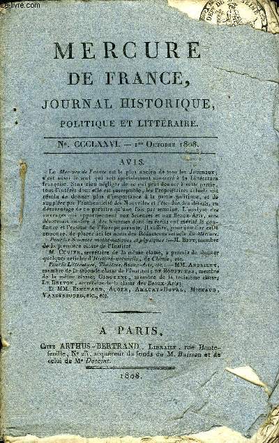 MERCURE DE FRANCE NCCCLXXVI - Traduction libre de l'Ode d'Horace, par M. Isidore Bessin, Aux soldats de la Grande-Arme, Notice sur la vie et les ouvrages de M. Dureau de la Malle par M. G., les mtamorphoses d'Ovide, traduites en vers avec des remarques