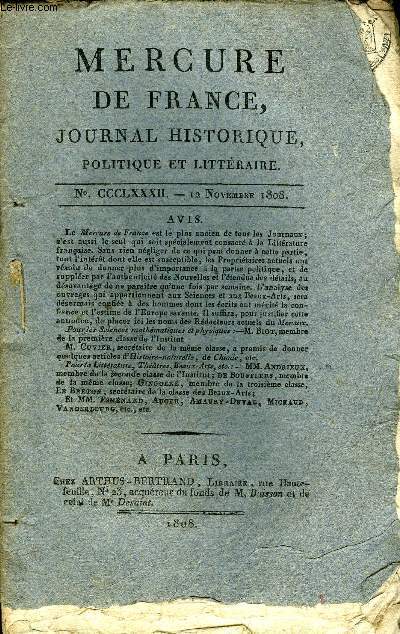 MERCURE DE FRANCE NCCCLXXXII -Anacron rajeuni, romance ddie  Mme E. M*** par M. de Piis, Fragment d'une traduction en vers franais du sixime livre de l'Enede par F. Fayolle, La roulette ou histoire d'un joueur par M. L*** (article de M. Boufflers)