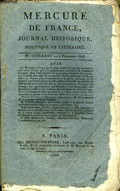 MERCURE DE FRANCE NCCCLXXXV - La lavande et la Rose - Fable par M. Jouy, Vers sur le Tombeau d'Atala de M. Girodet par Made Victoire Babois, Amdan et Zila ou les Maris Brillans - Conte oriental par Adrien de S...n, Nouveaux lments de Thrapeutique