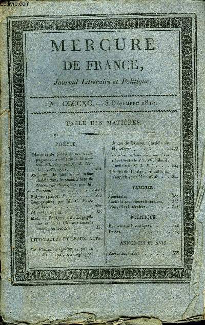 MERCURE DE FRANCE NCCCCXC - Discours de Satan a ses compagnons traduit de la Jrusalem dlicre, par M. L. L'Eclaze, d'Angers, Morceau dtach d'une scne choisie dans le second acte de Mde de Snque par M. Parseval, Le parrain magnifique