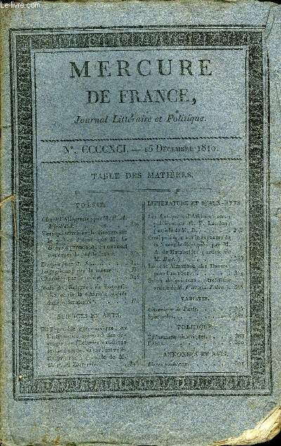 MERCURE DE FRANCE NCCCCXCI - Chant d'allgresse par M. P. A. Vieillard, Vers qui terminent le discours sur le poeme pique que M. le Gouv  prononc en ouvrant son cours de posie latine, les antiquits d'athne publies par C.P. Laudon, article de M. D