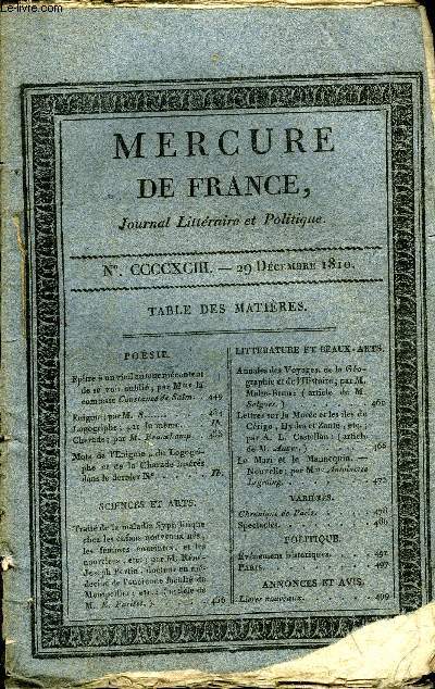 MERCURE DE FRANCE NCCCCXCIII - Epitre  un vieil auteur mcontent de se voir oubli par Mme la comtesse Constance de Salm, Trait de la maladie Syphilitique chez les enfants nouveaux ns, les femmes enceintes, et les nourrices par M. Ren-Joseph Bertin